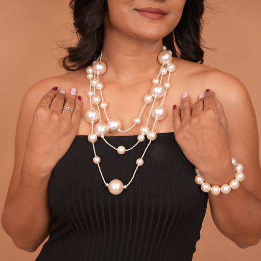 Adjustable Multi-Layer White Pearl Long Strand Station Necklace with Varied Pearl Sizes