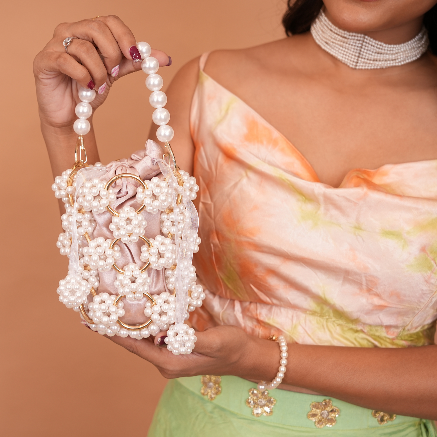 Golden Rings Bridal Pearl Bag with Potli: A++ Grade Faux Pearl Elegance