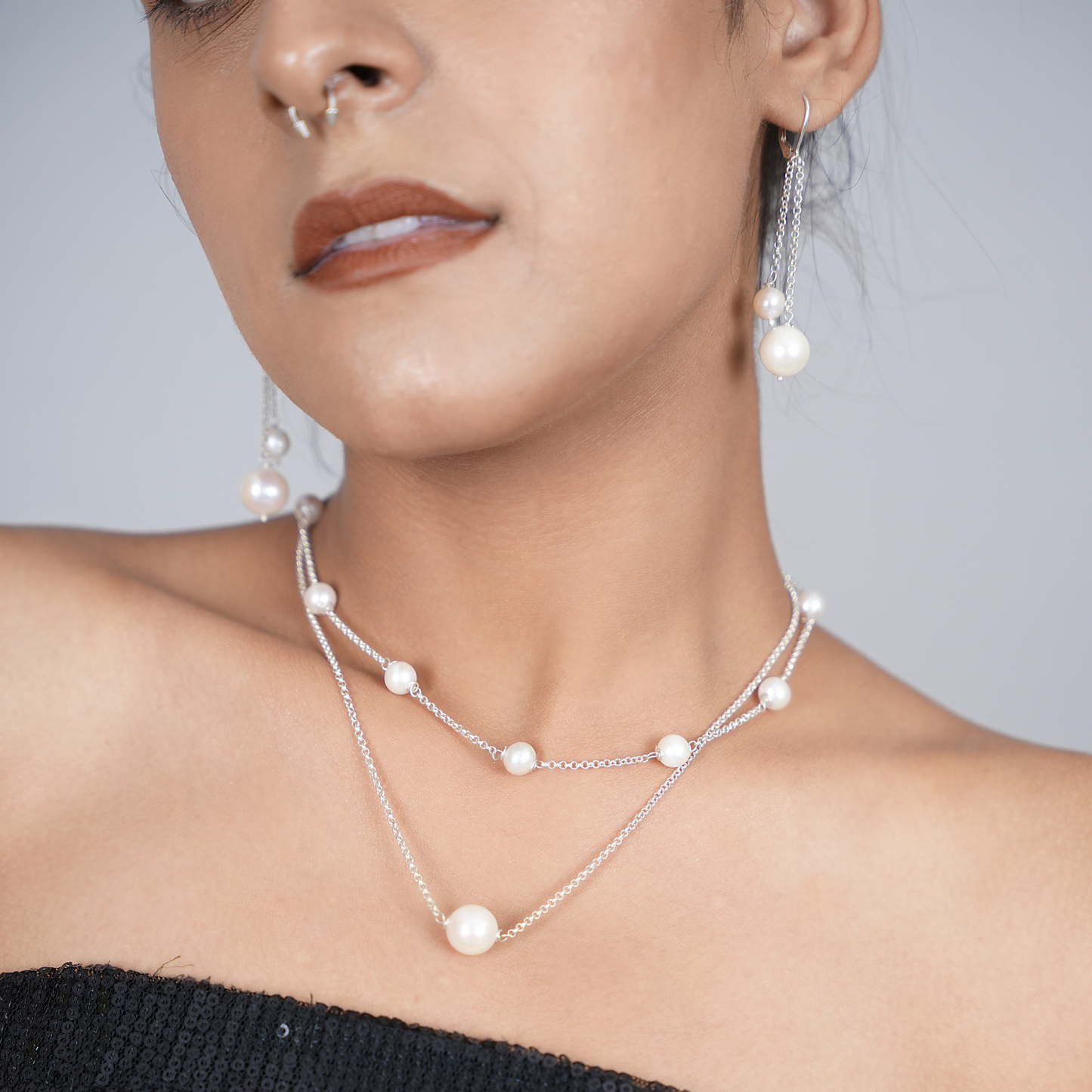 8mm Cultured Pearl Station Silver Chain Necklace and Earrings