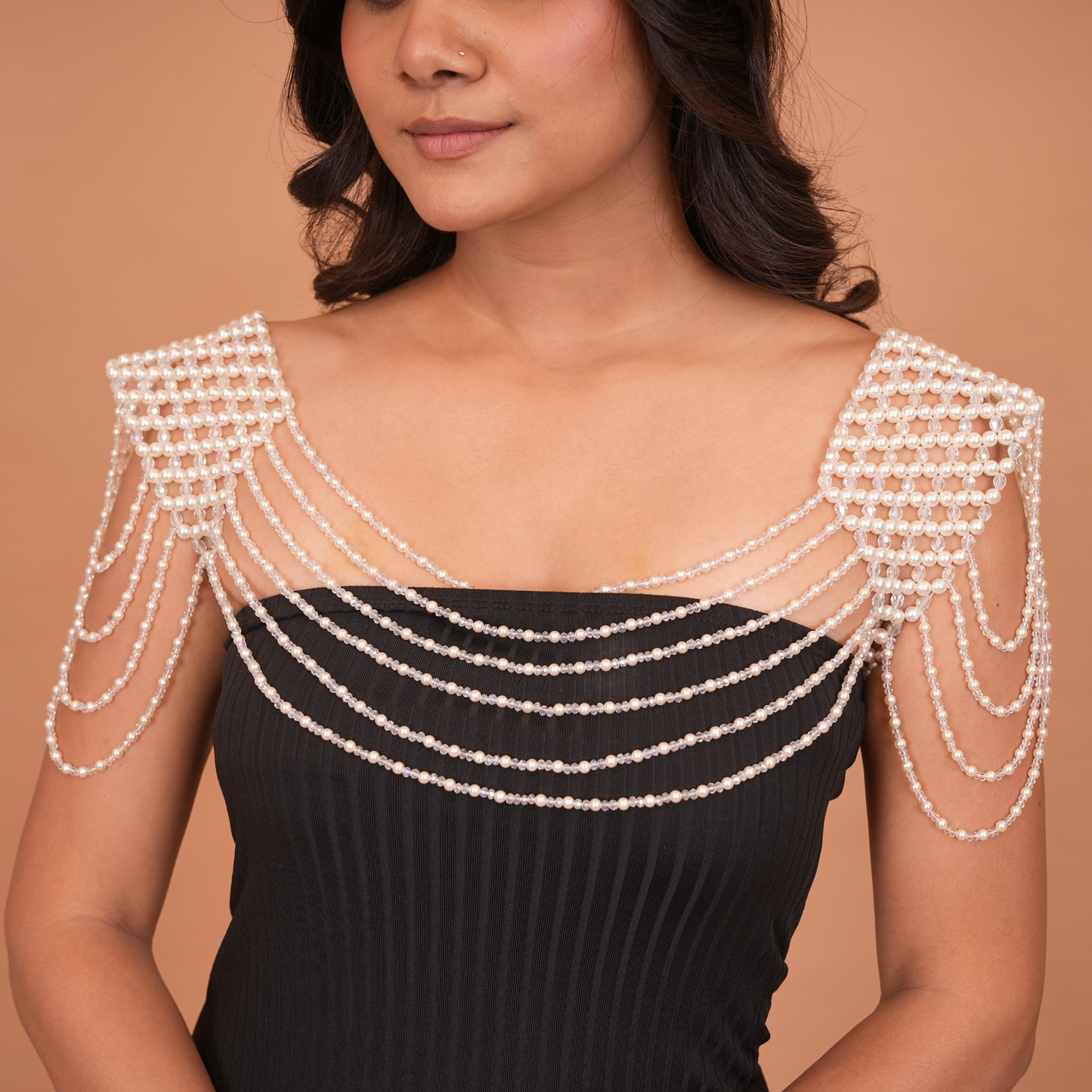 Elegant Simulated Pearl Shoulder and Chest Chain Necklace for Nightclubs and Brides