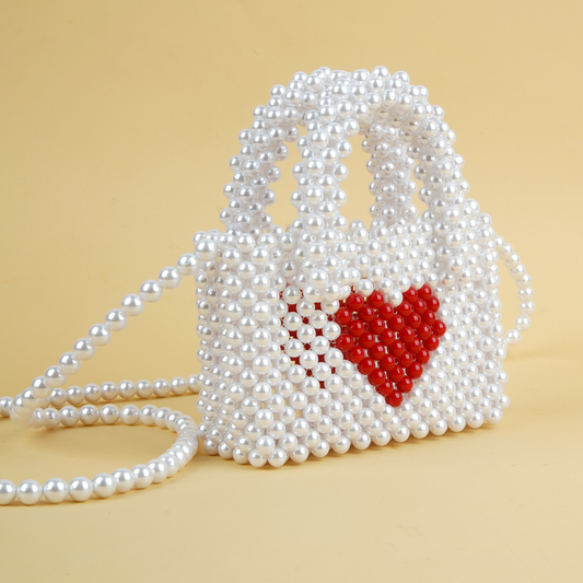 White Micromini Pearl Bag with Red Heart
