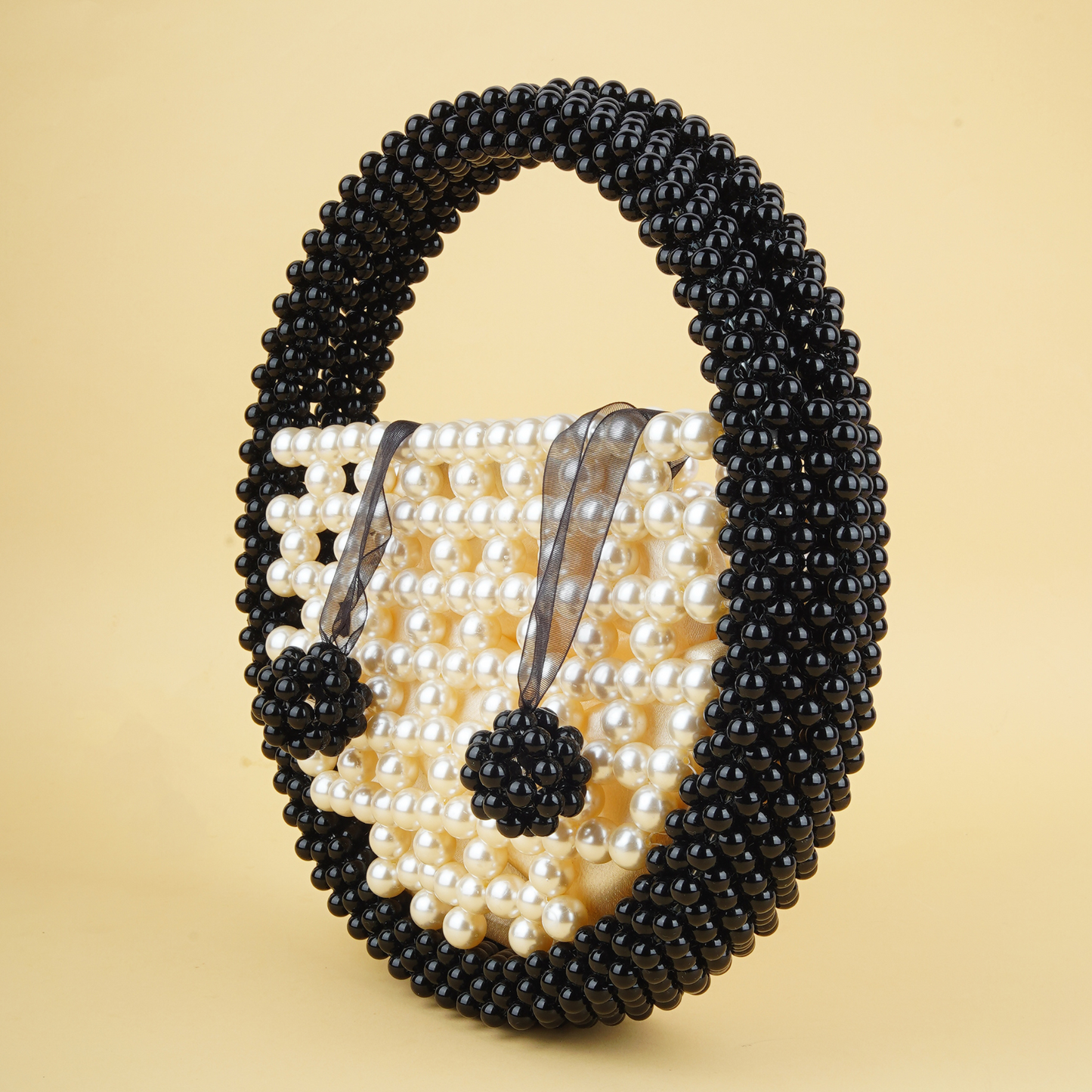 "Lunara Noir" - Black & Cream Pearl Beaded Bag