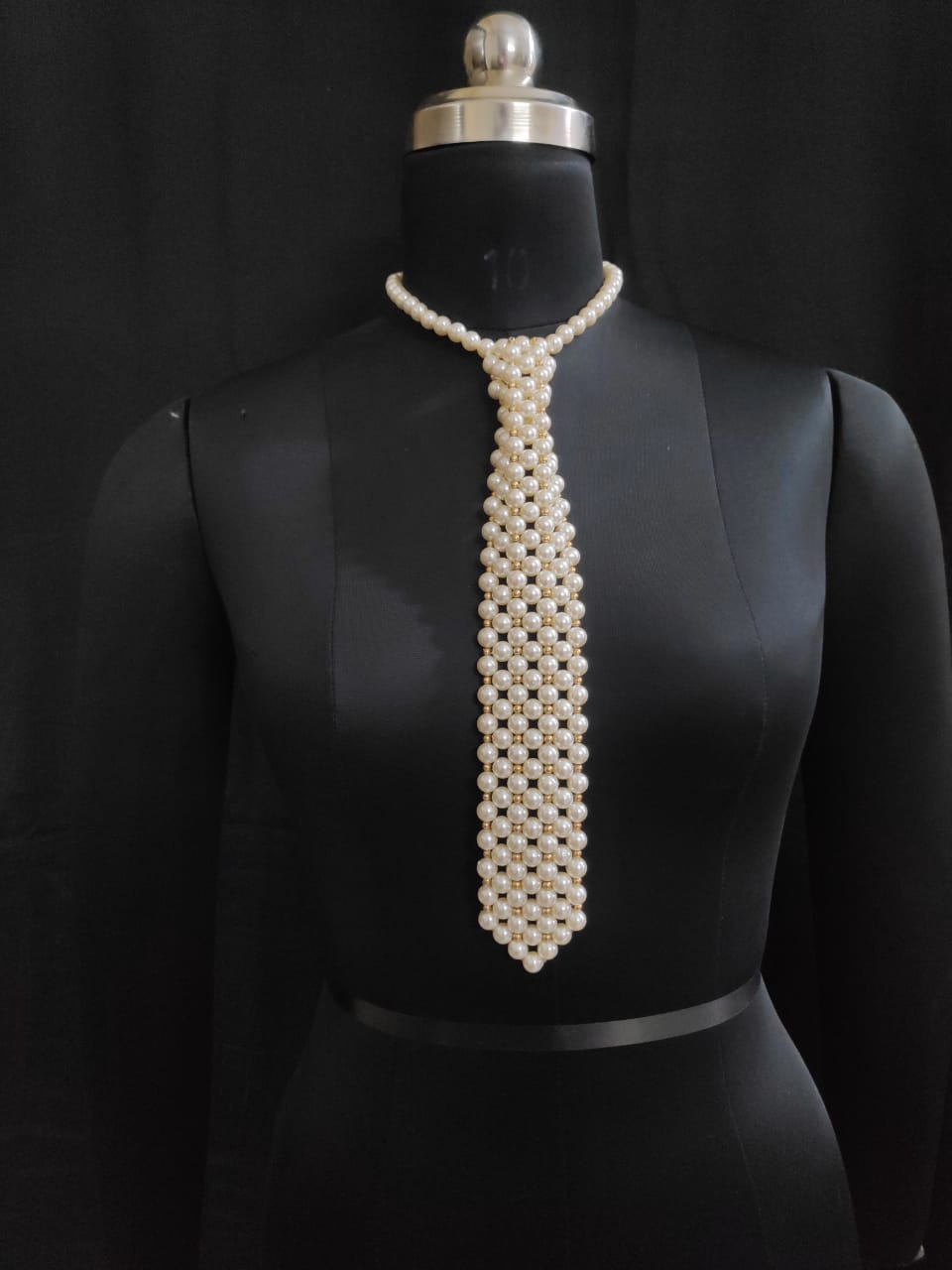 Handmade Pearl Tie with Golden Beads