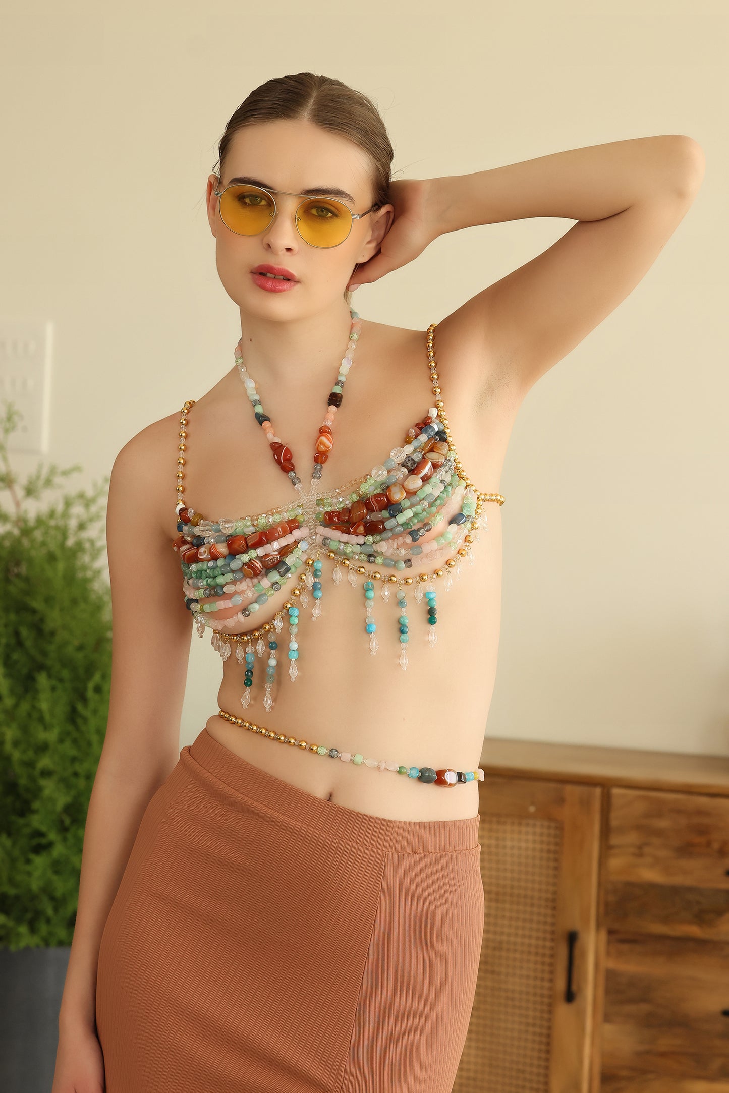 Handmade Multicolor Gemstone Beaded Bralette with Crystal Detailing