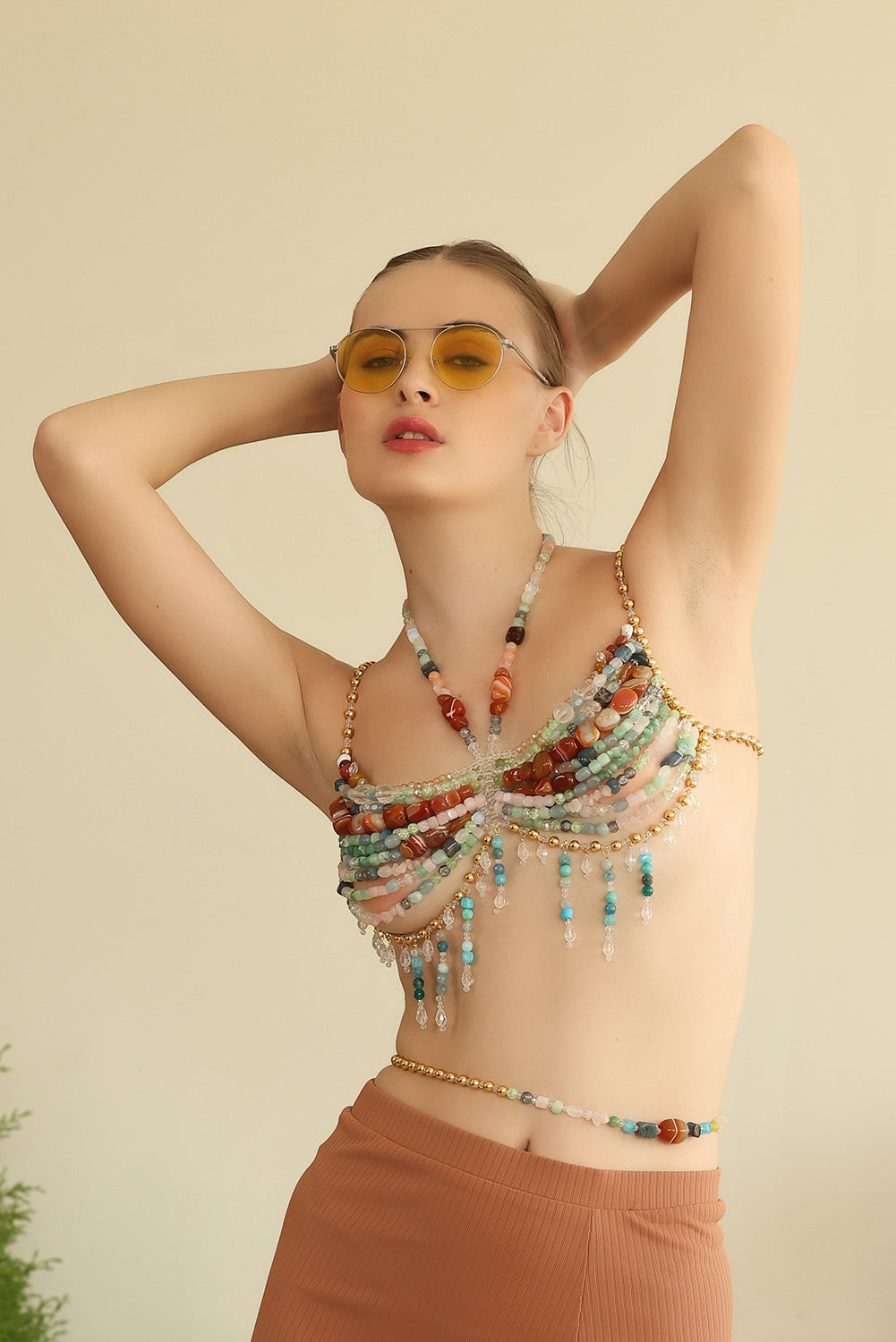 Handmade Multicolor Gemstone Beaded Bralette with Crystal Detailing