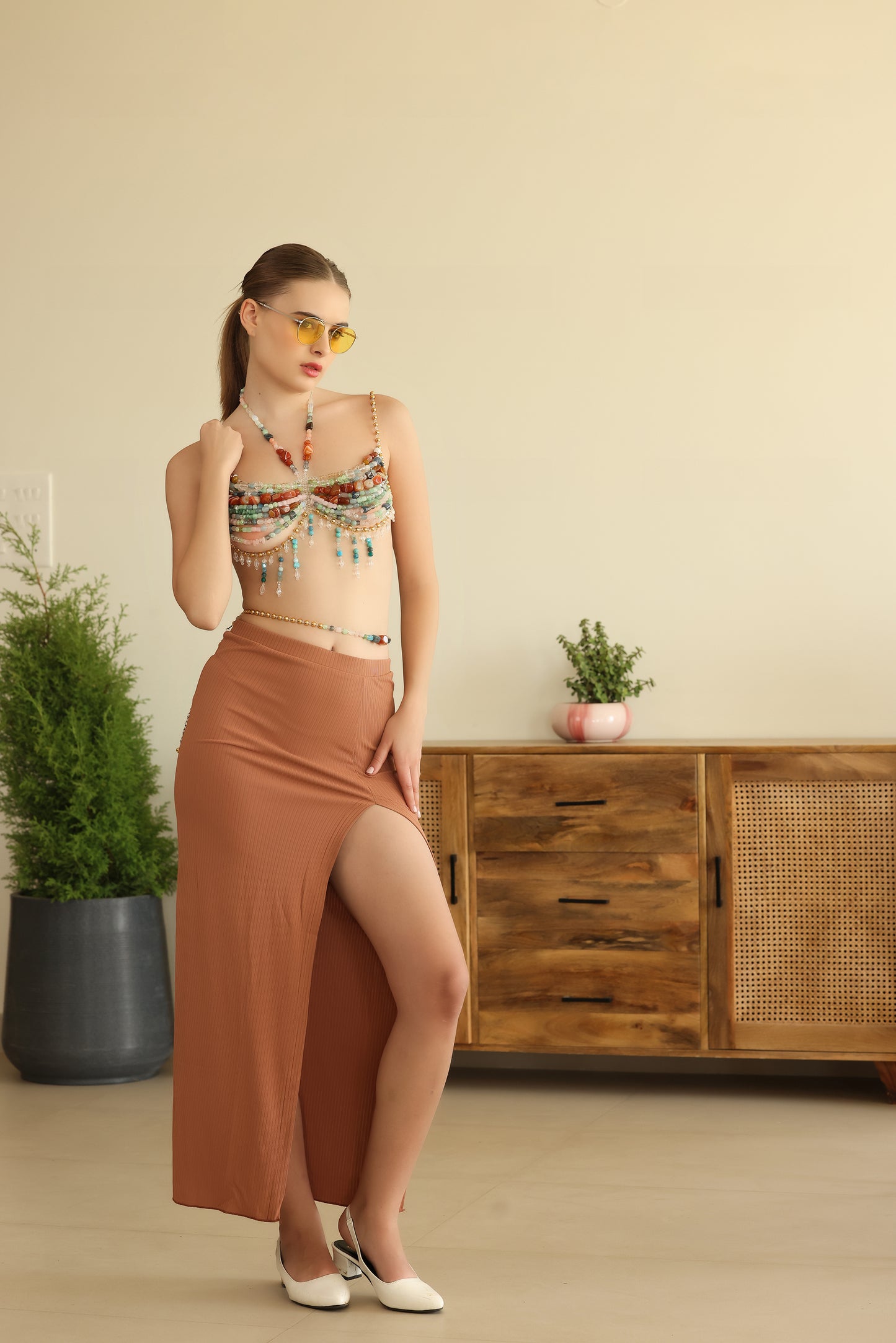 Handmade Multicolor Gemstone Beaded Bralette with Crystal Detailing