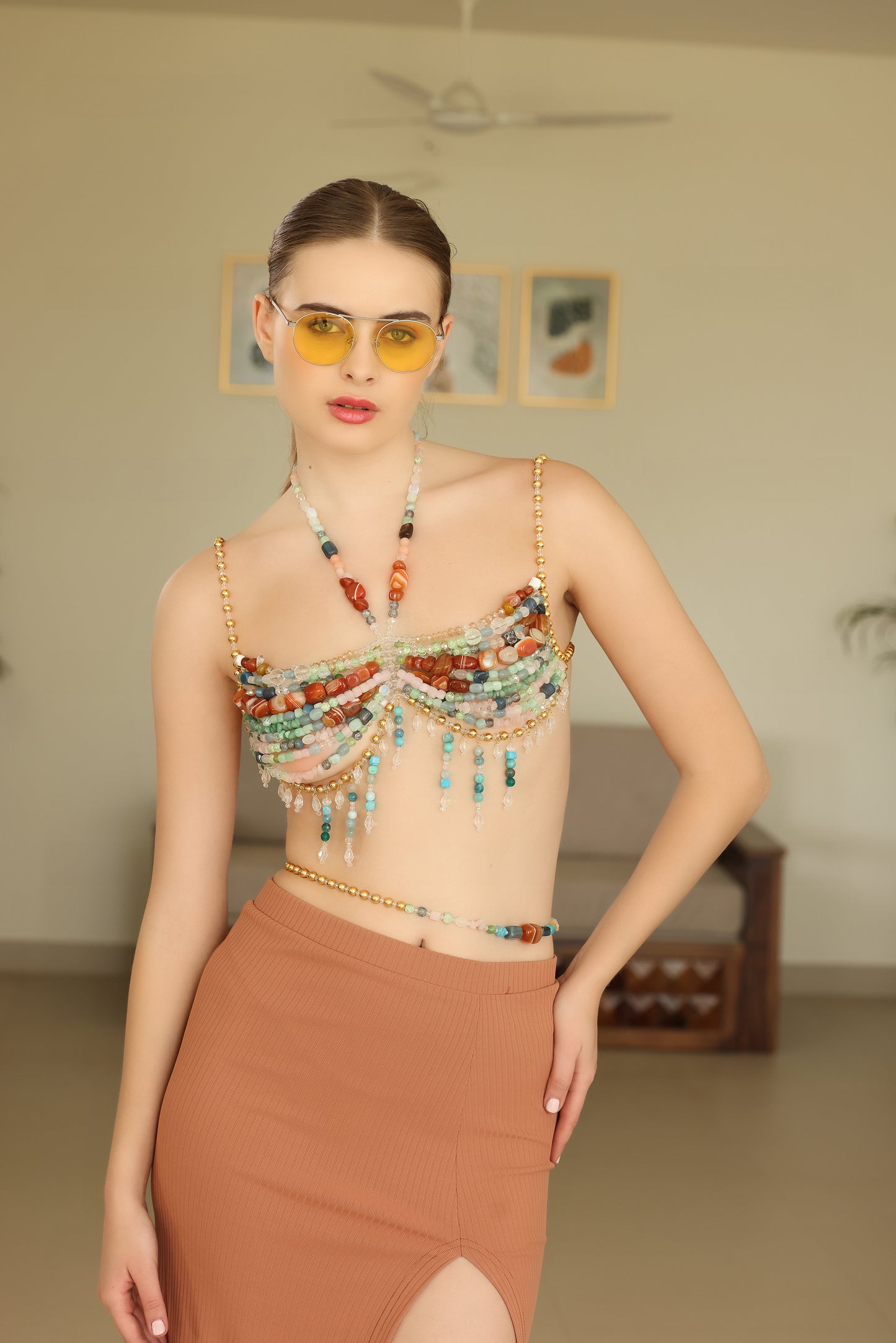 Handmade Multicolor Gemstone Beaded Bralette with Crystal Detailing