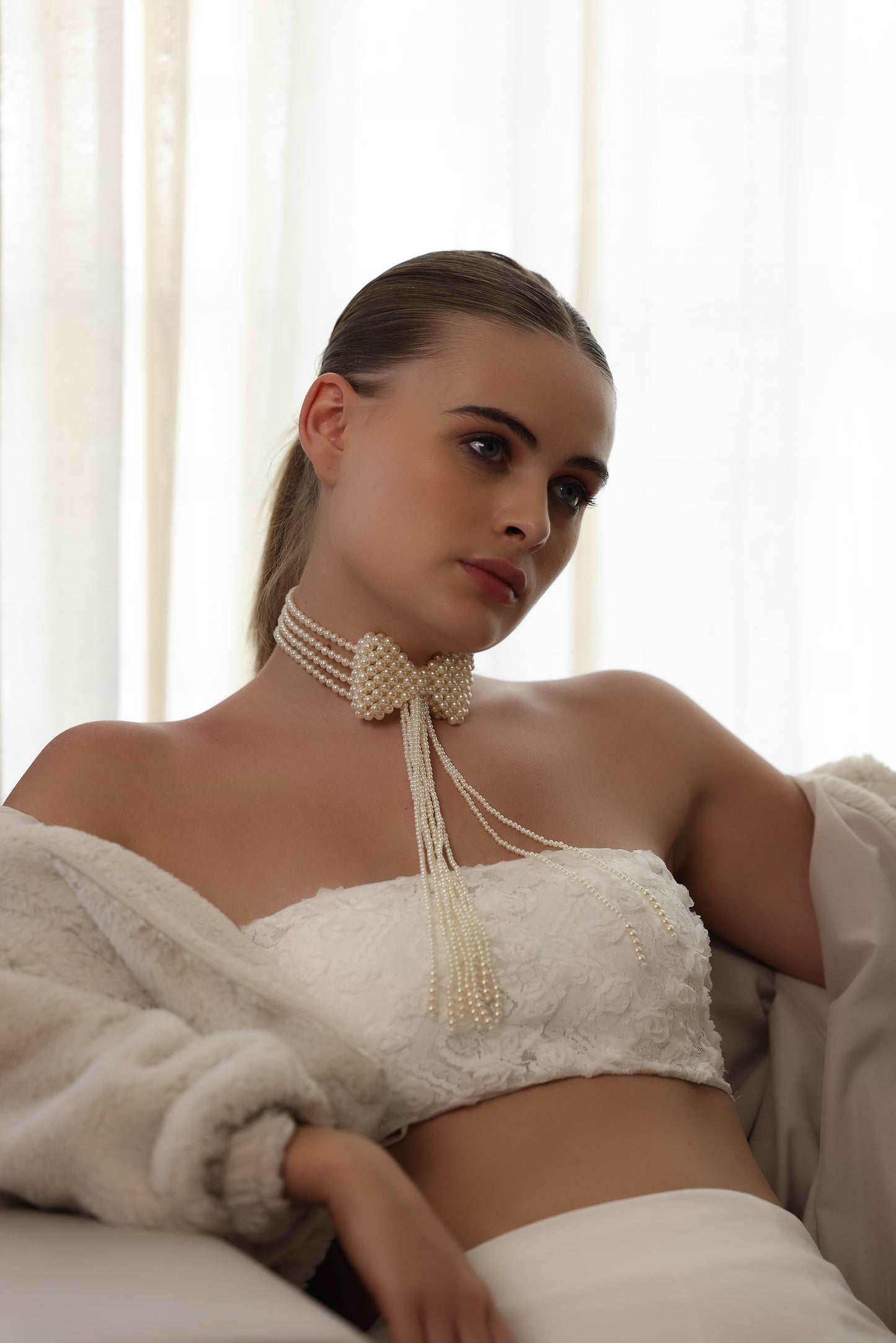 Cream Pearl Bow Tie Choker