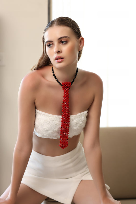 Red Beaded Tie Necklace
