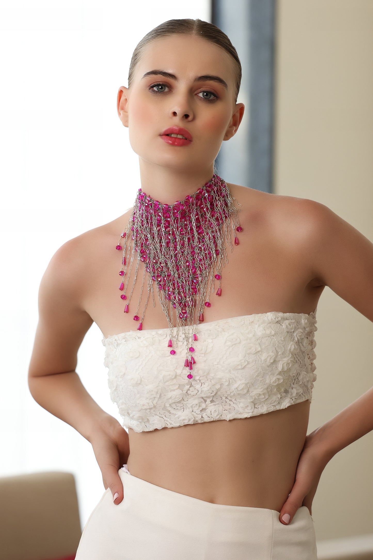 Pink Crystal & Chain Necklace