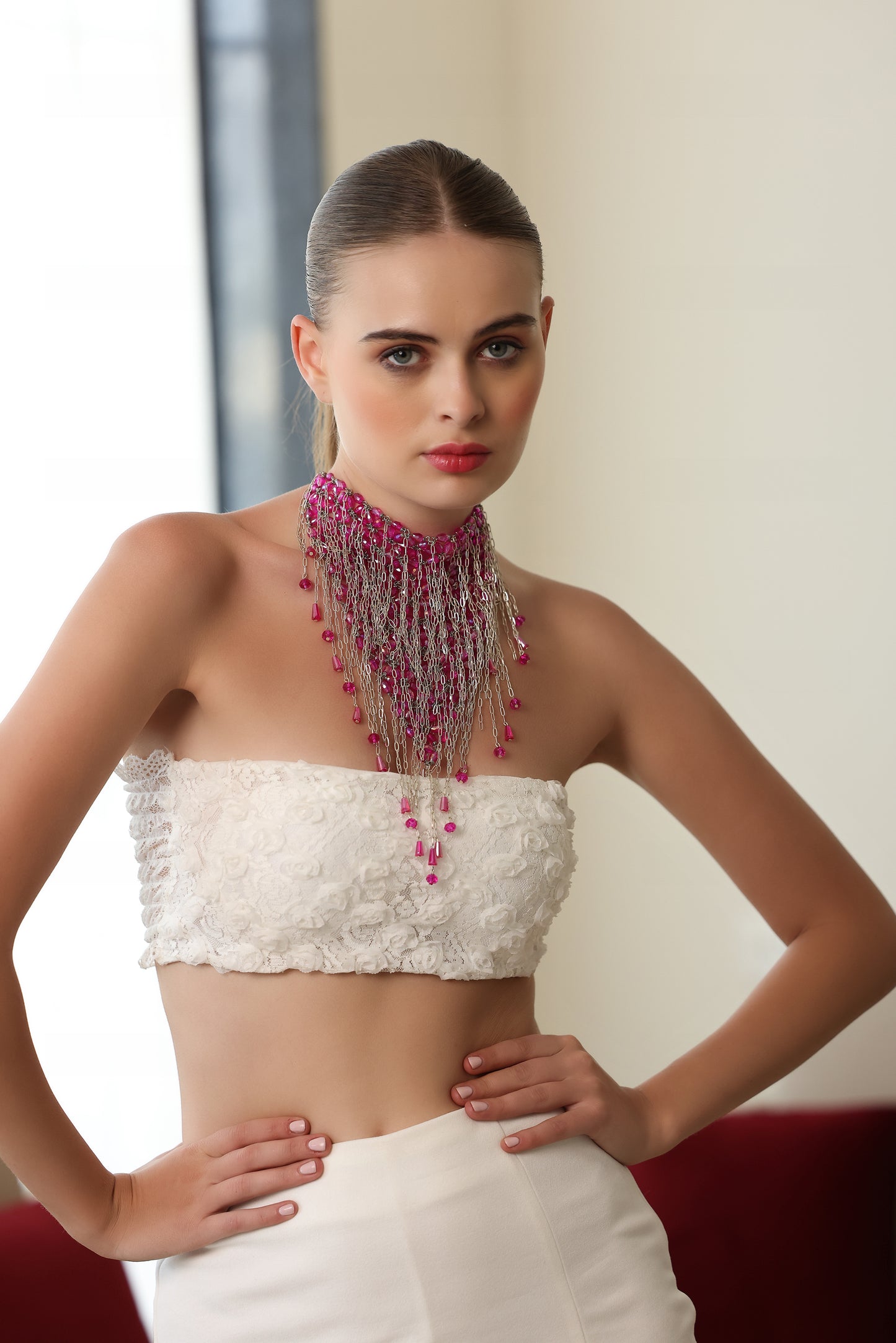 Pink Crystal & Chain Necklace