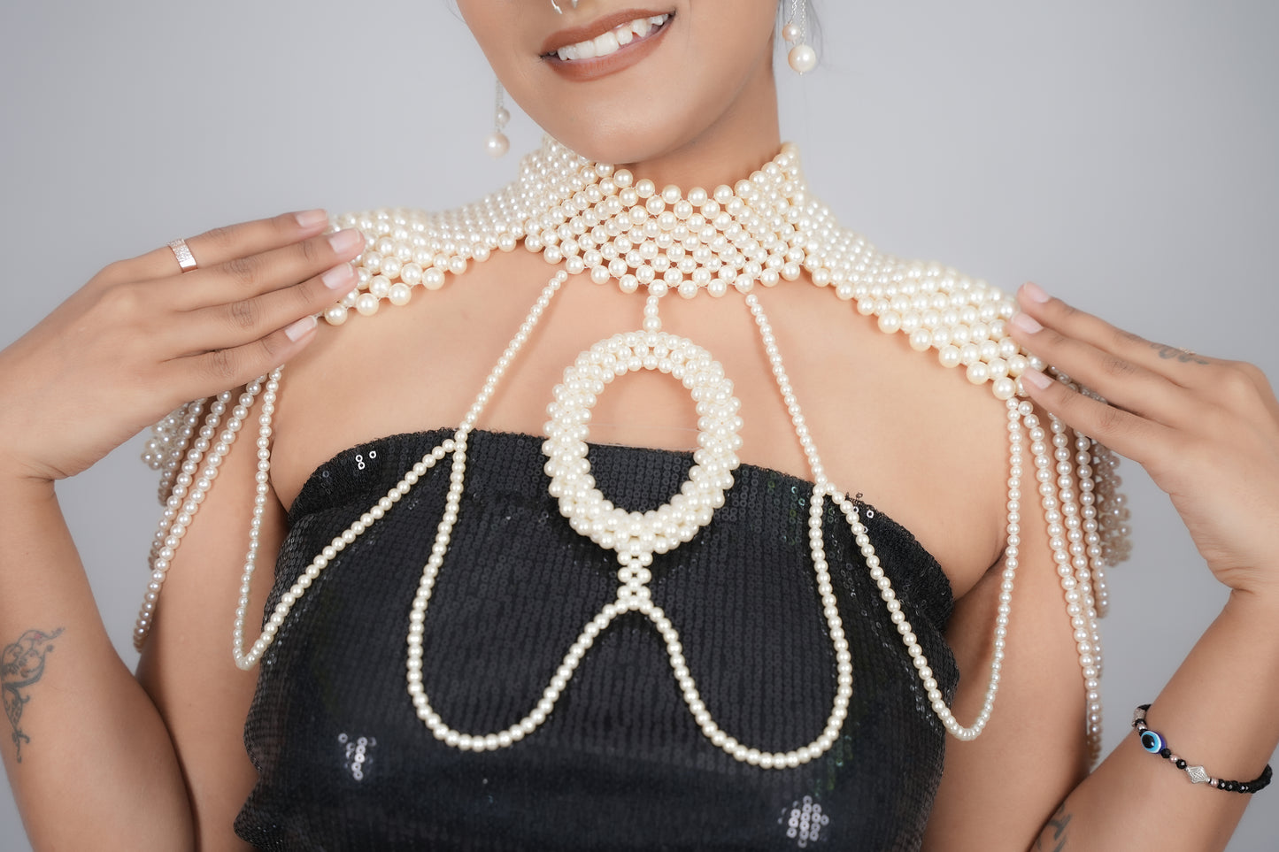 Elegant Shoulder Chain Pearl Shawl Necklace with Tassels - Perfect for Weddings and Parties