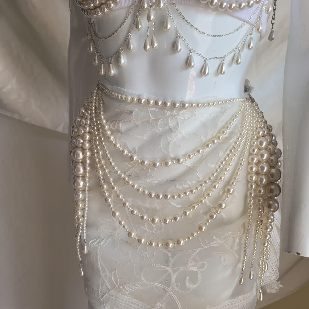 Pearl Festival Bralette & Skirt Set | Statement Pearl Body Chain Outfit | Rave Beachwear | Coachella Inspired Jewelry