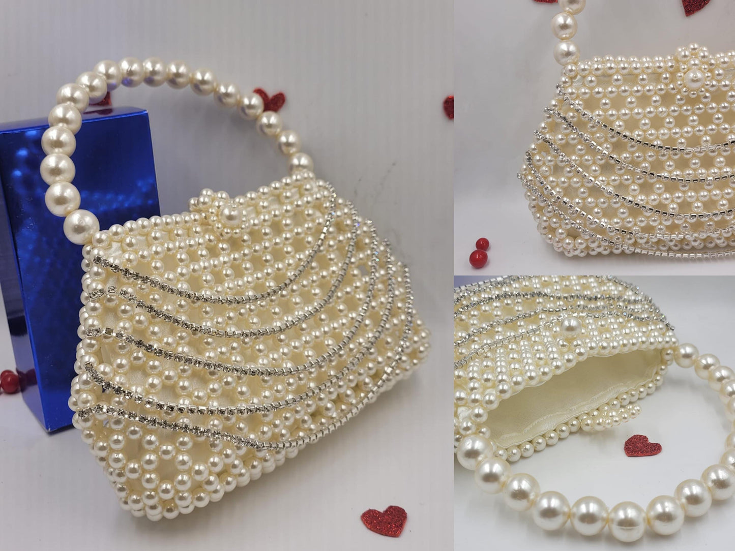 White Pearl Beaded Heart Bag – Handmade Shoulder Purse | Romantic Heart Clutch for Weddings & Dates | Elegant Bead Handbag Gift