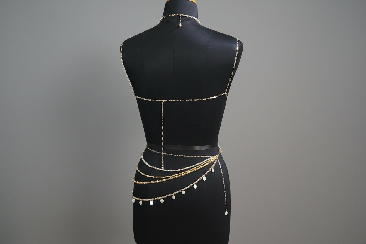 backside of a beaded bralette with adjustable fit and matching skirt bottom