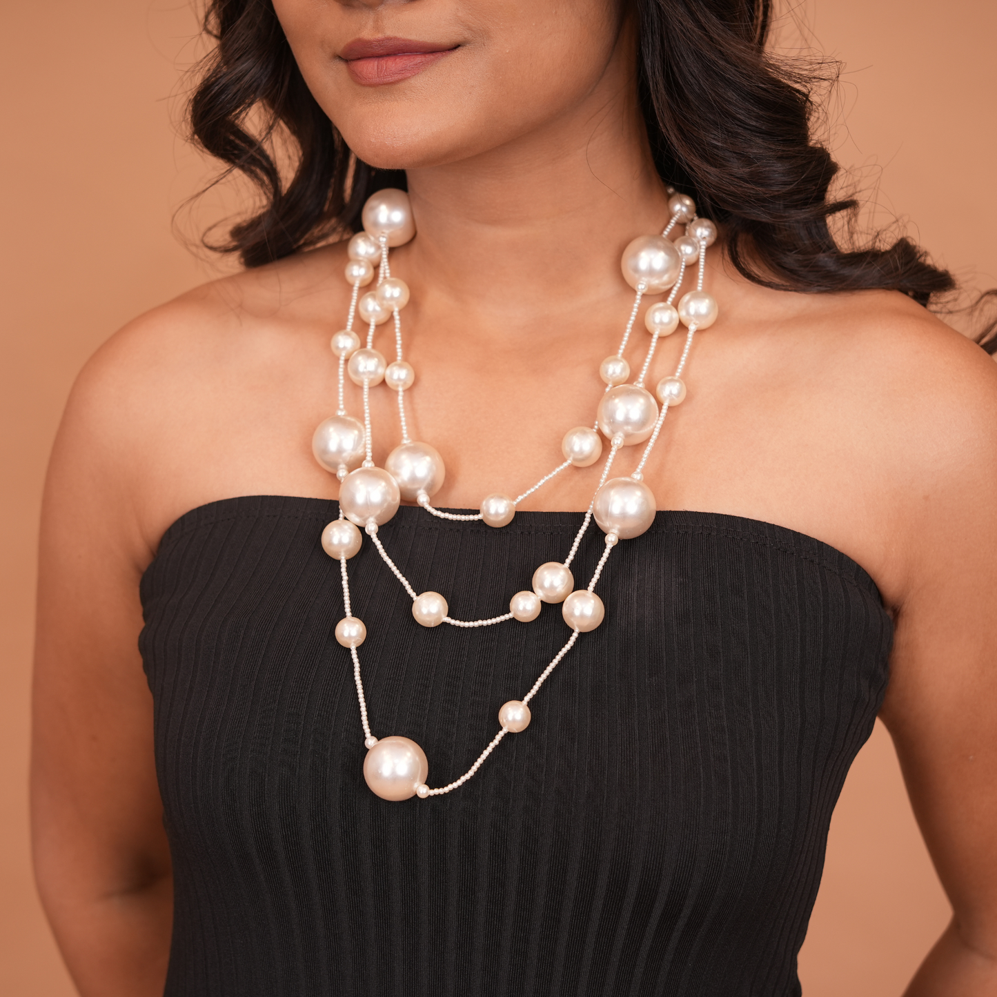 Adjustable Multi-Layer White Pearl Long Strand Station Necklace with Varied Pearl Sizes
