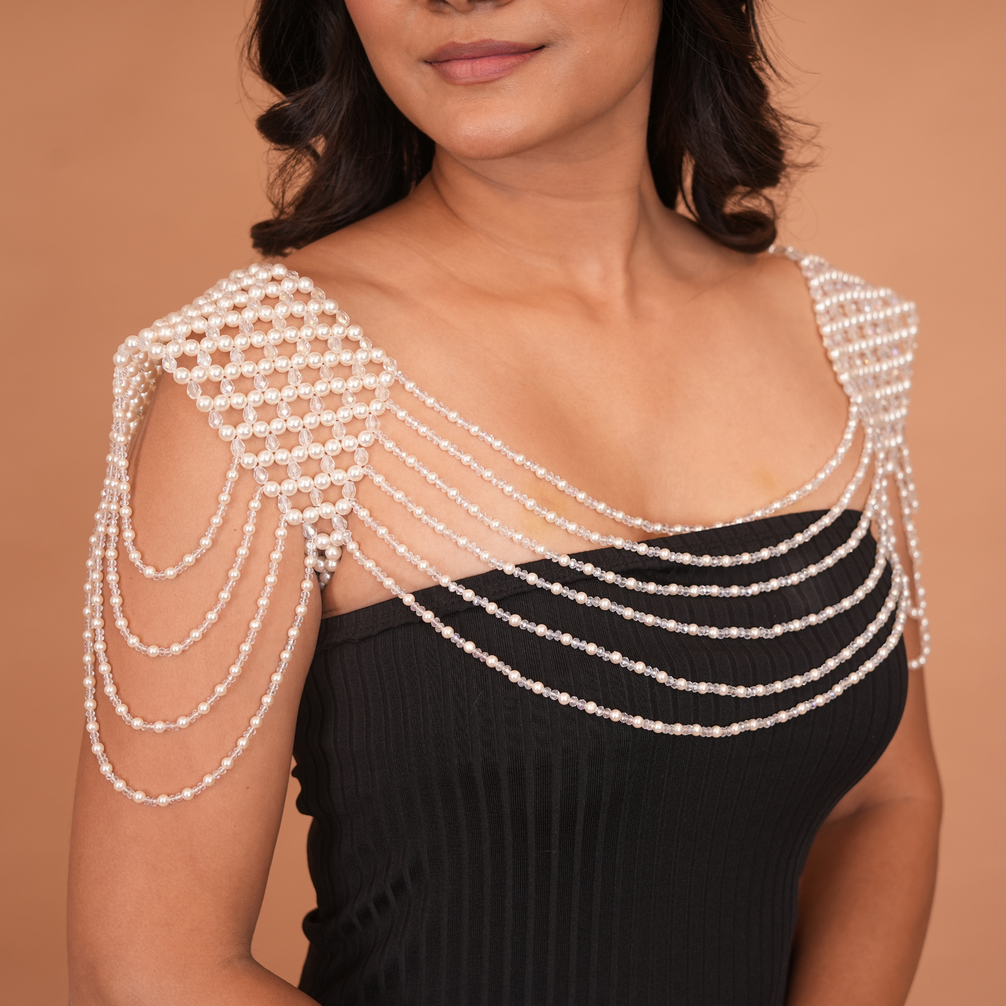 Elegant Simulated Pearl Shoulder and Chest Chain Necklace for Nightclubs and Brides