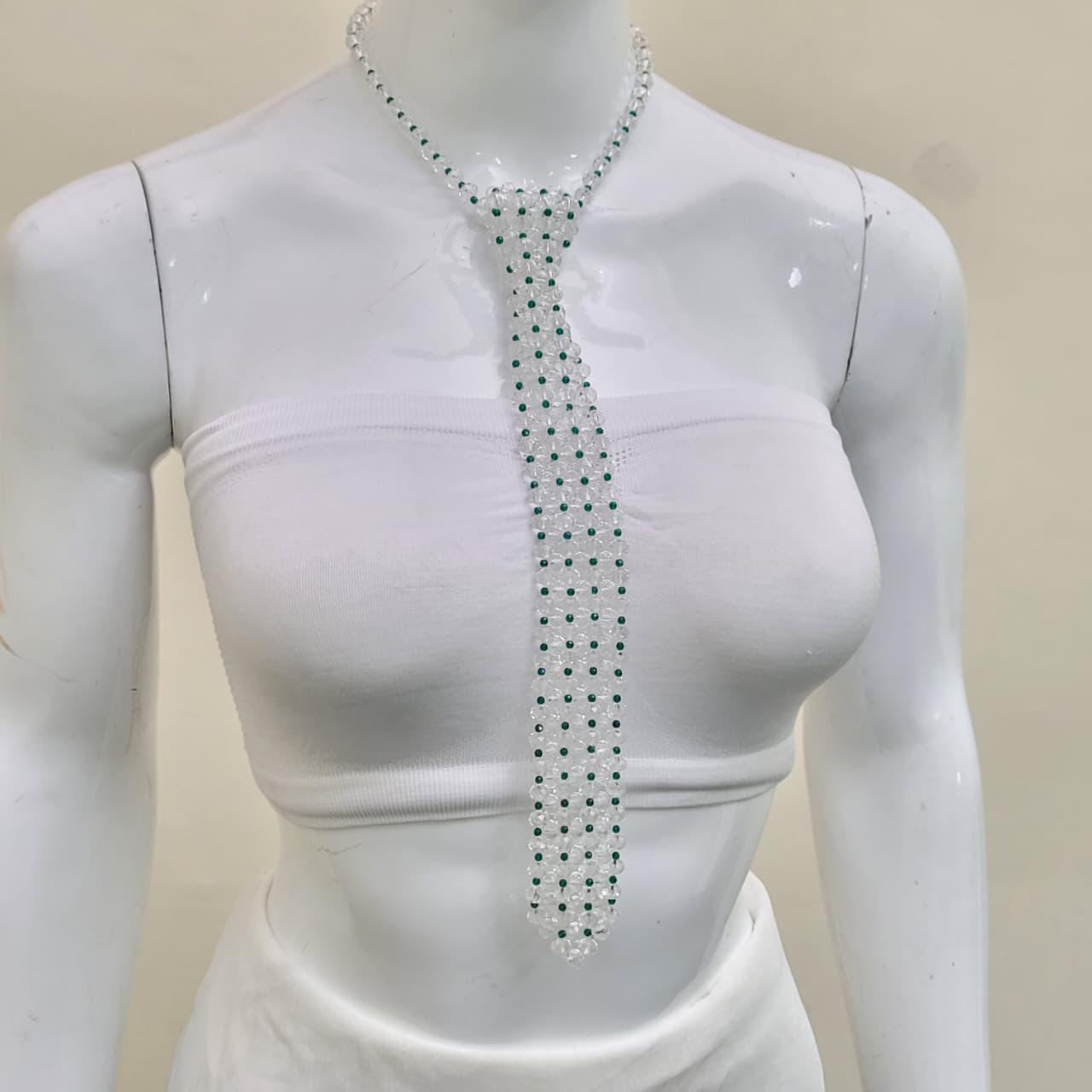 Beaded Crystal Tie Necklace with Green Accents | Vintage-Inspired Elegant Necktie | Boho Fashion Accessory