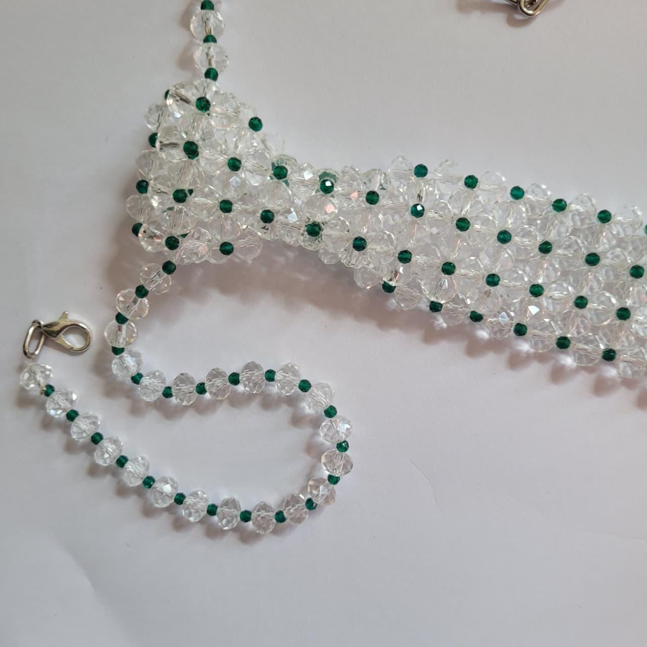 Beaded Crystal Tie Necklace with Green Accents | Vintage-Inspired Elegant Necktie | Boho Fashion Accessory