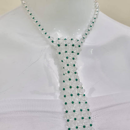 Beaded Crystal Tie Necklace with Green Accents | Vintage-Inspired Elegant Necktie | Boho Fashion Accessory
