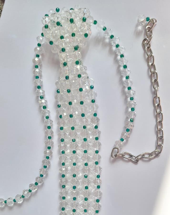 Beaded Crystal Tie Necklace with Green Accents | Vintage-Inspired Elegant Necktie | Boho Fashion Accessory