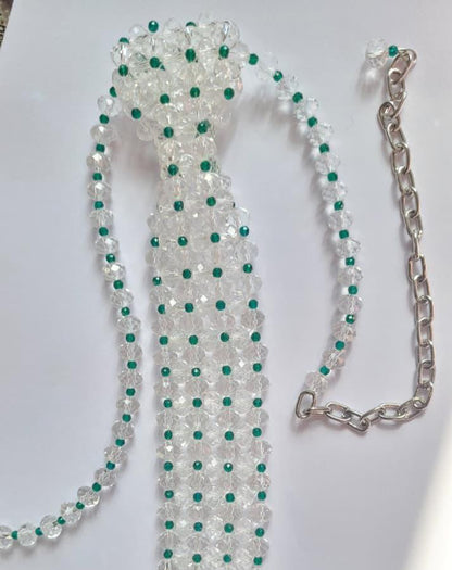 Beaded Crystal Tie Necklace with Green Accents | Vintage-Inspired Elegant Necktie | Boho Fashion Accessory