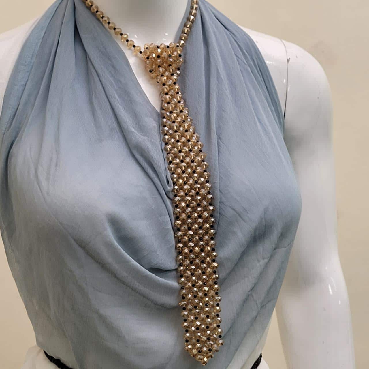 Champagne Crystal Tie Necklace with Black Beads – Statement Beaded Tie Necklace, Y Necklace, Couture Evening Jewelry, Modern Glam Accessory