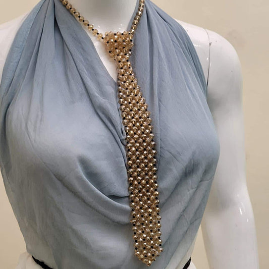 Champagne Crystal Tie Necklace with Black Beads – Statement Beaded Tie Necklace, Y Necklace, Couture Evening Jewelry, Modern Glam Accessory