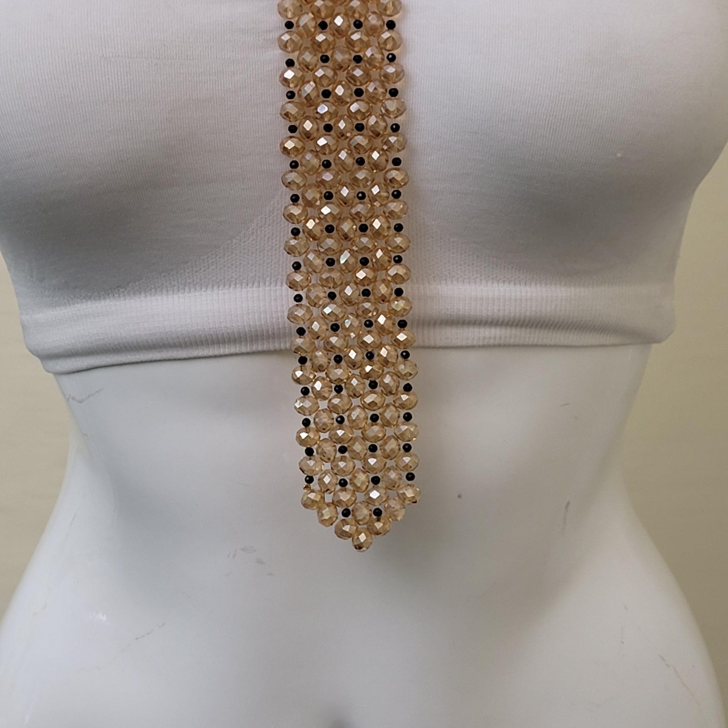 Champagne Crystal Tie Necklace with Black Beads – Statement Beaded Tie Necklace, Y Necklace, Couture Evening Jewelry, Modern Glam Accessory