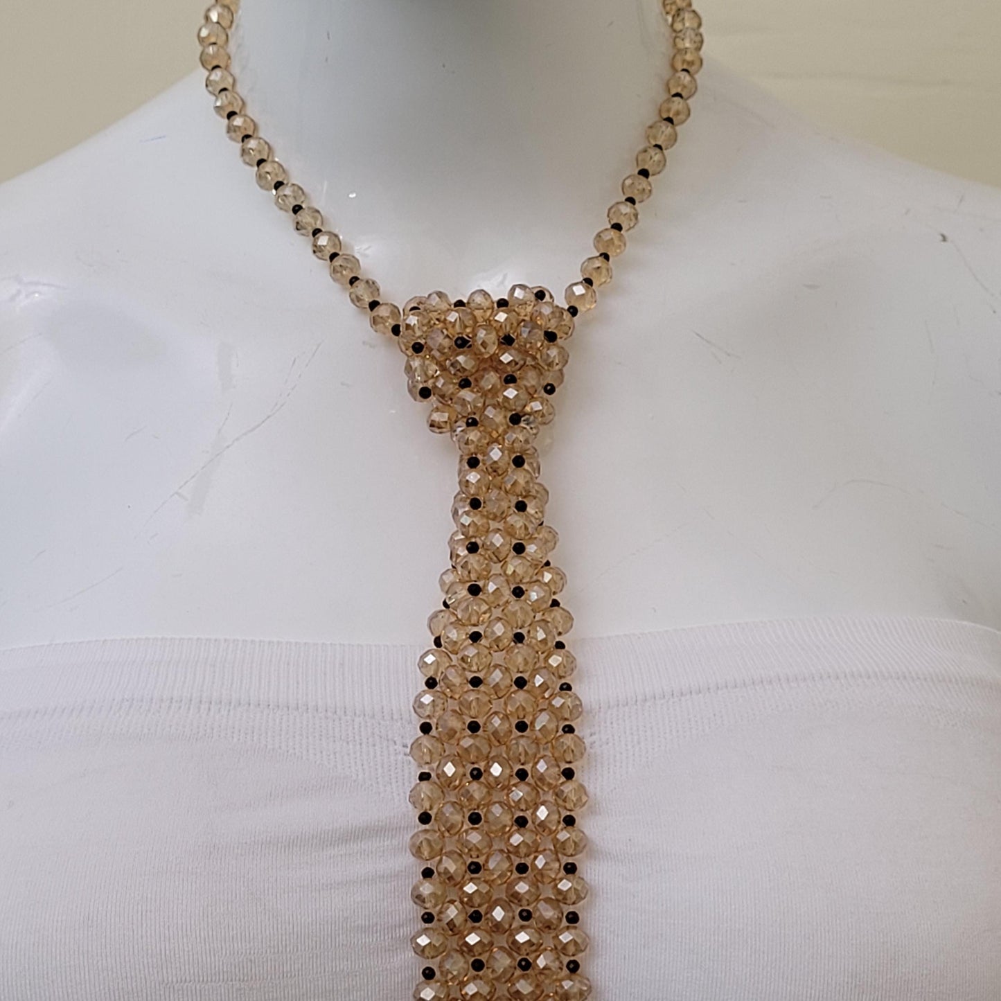 Champagne Crystal Tie Necklace with Black Beads – Statement Beaded Tie Necklace, Y Necklace, Couture Evening Jewelry, Modern Glam Accessory