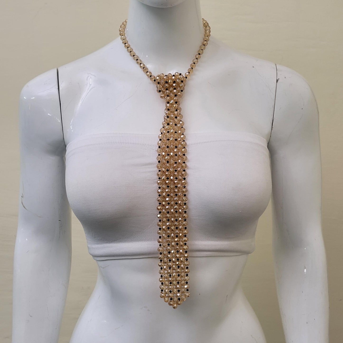 Champagne Crystal Tie Necklace with Black Beads – Statement Beaded Tie Necklace, Y Necklace, Couture Evening Jewelry, Modern Glam Accessory
