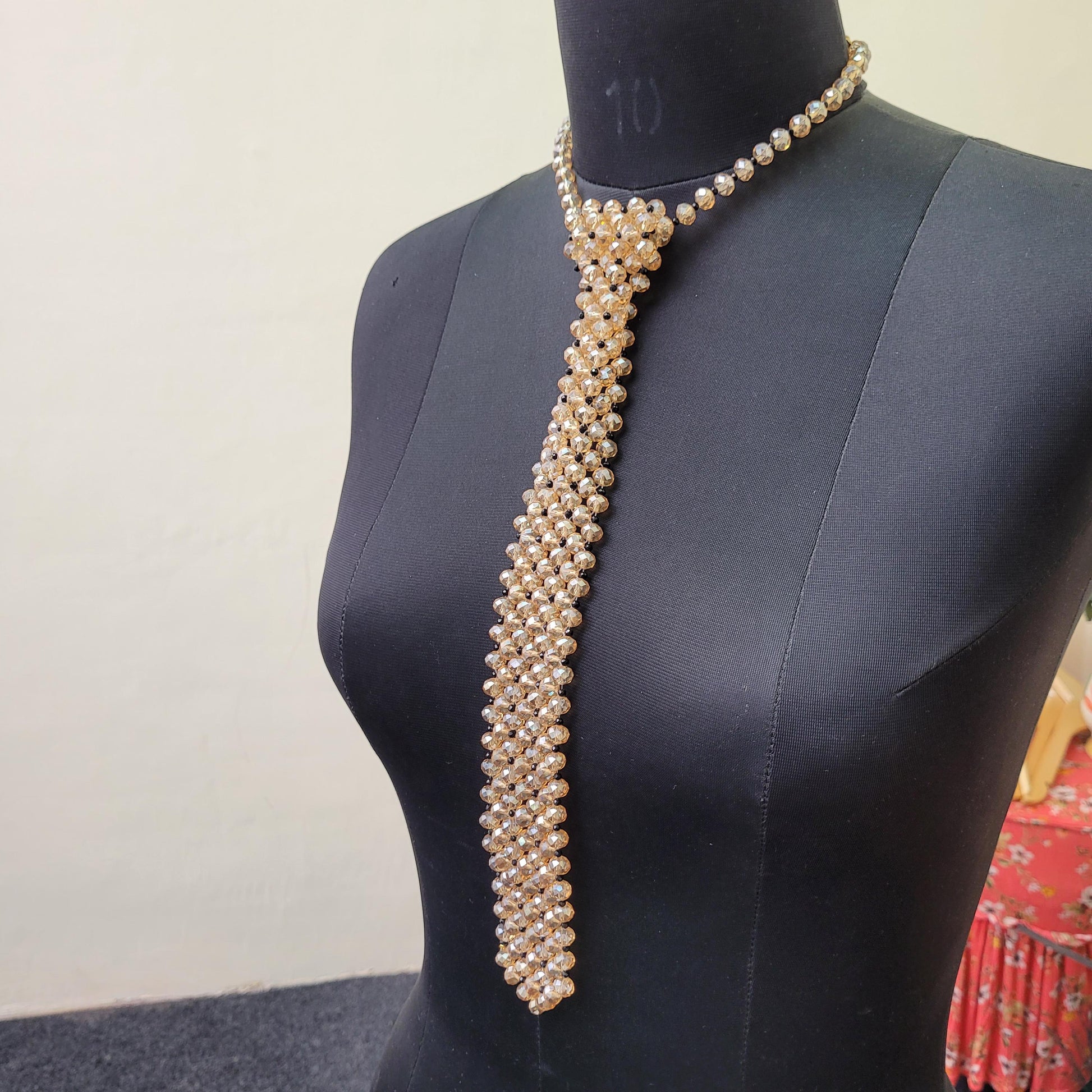 Champagne Crystal Tie Necklace with Black Beads – Statement Beaded Tie Necklace, Y Necklace, Couture Evening Jewelry, Modern Glam Accessory