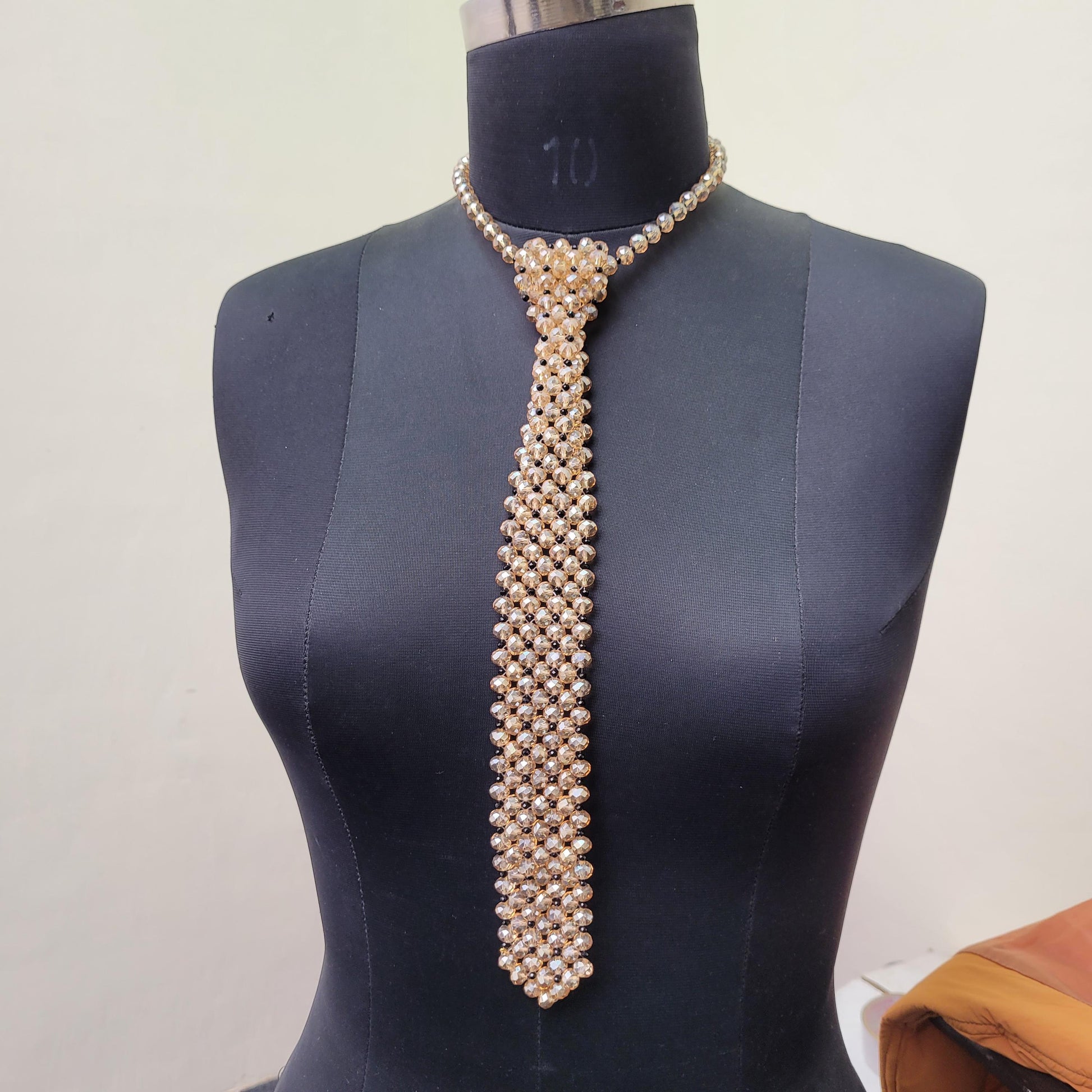 Champagne Crystal Tie Necklace with Black Beads – Statement Beaded Tie Necklace, Y Necklace, Couture Evening Jewelry, Modern Glam Accessory