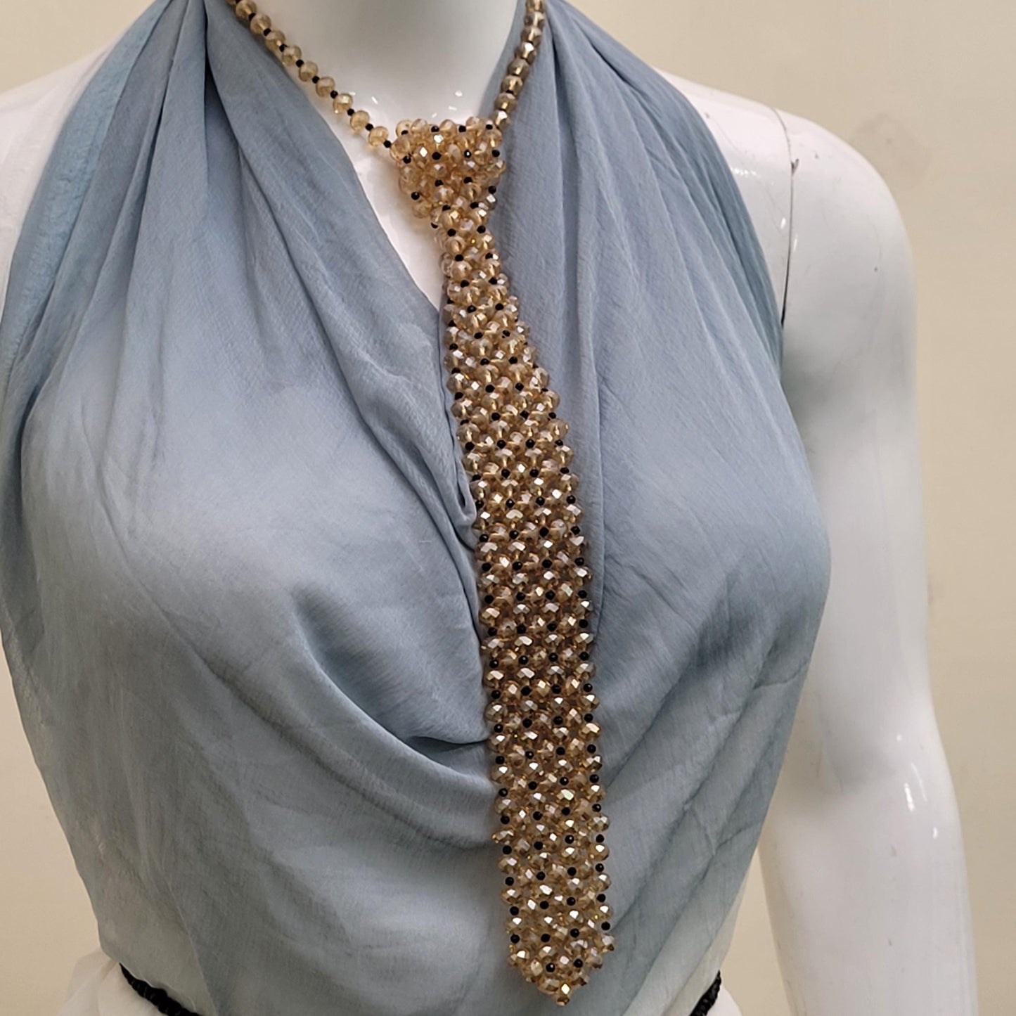 Champagne Crystal Tie Necklace with Black Beads – Statement Beaded Tie Necklace, Y Necklace, Couture Evening Jewelry, Modern Glam Accessory