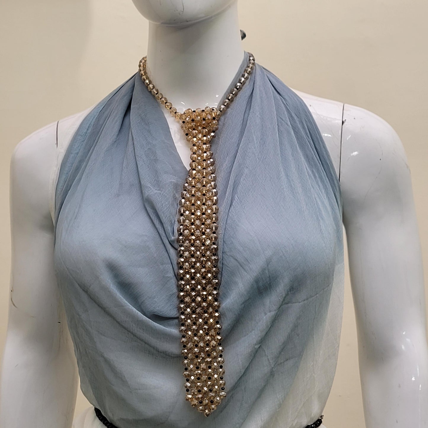 Champagne Crystal Tie Necklace with Black Beads – Statement Beaded Tie Necklace, Y Necklace, Couture Evening Jewelry, Modern Glam Accessory