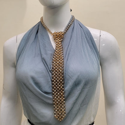 Champagne Crystal Tie Necklace with Black Beads – Statement Beaded Tie Necklace, Y Necklace, Couture Evening Jewelry, Modern Glam Accessory