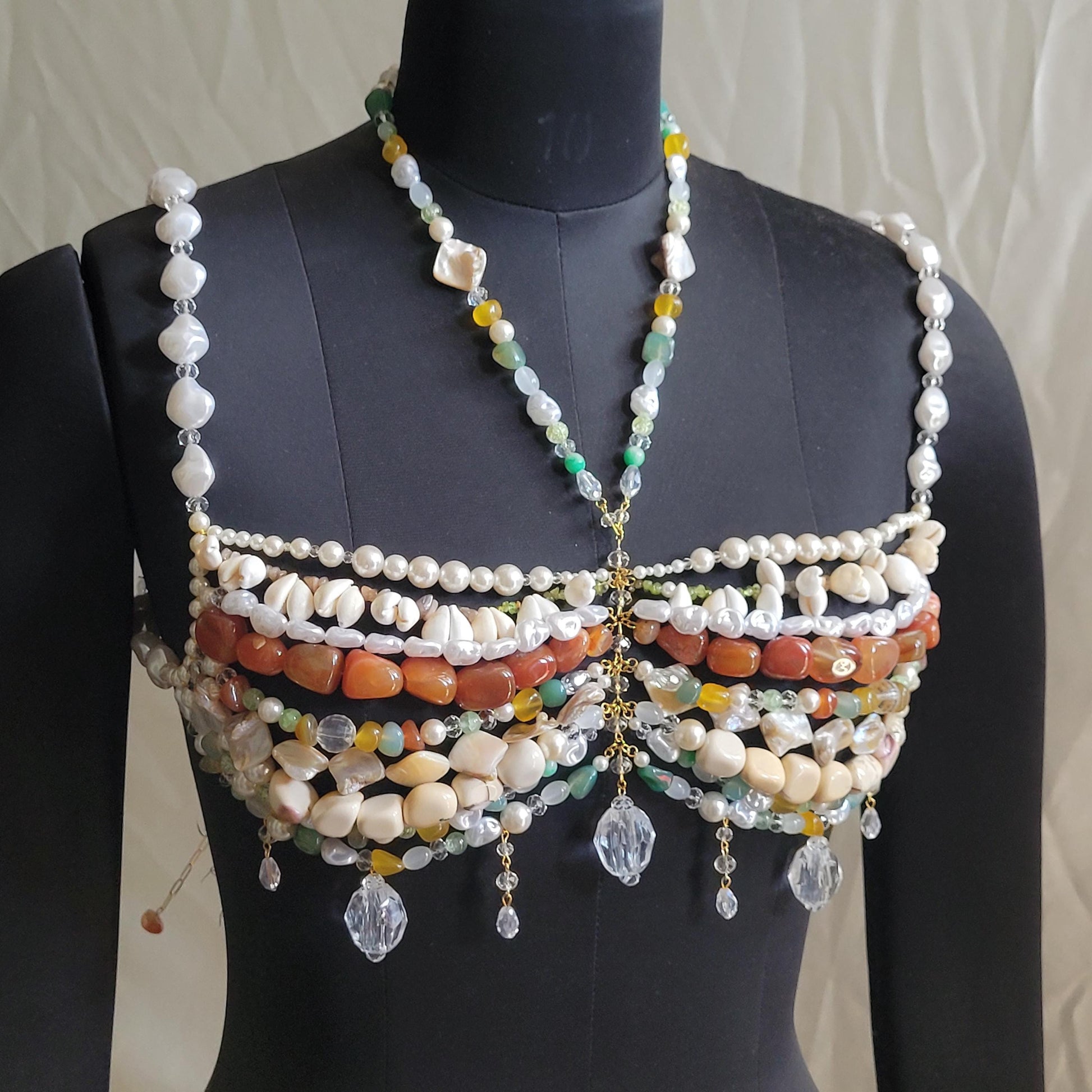 Coachella Pearl Bralette, Burning Man Body Jewelry Top, Statement Shell & Gemstone Bralette, Boho Bridal Festival Top