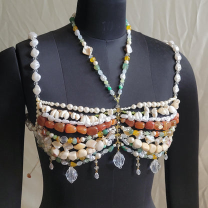 Coachella Pearl Bralette, Burning Man Body Jewelry Top, Statement Shell & Gemstone Bralette, Boho Bridal Festival Top