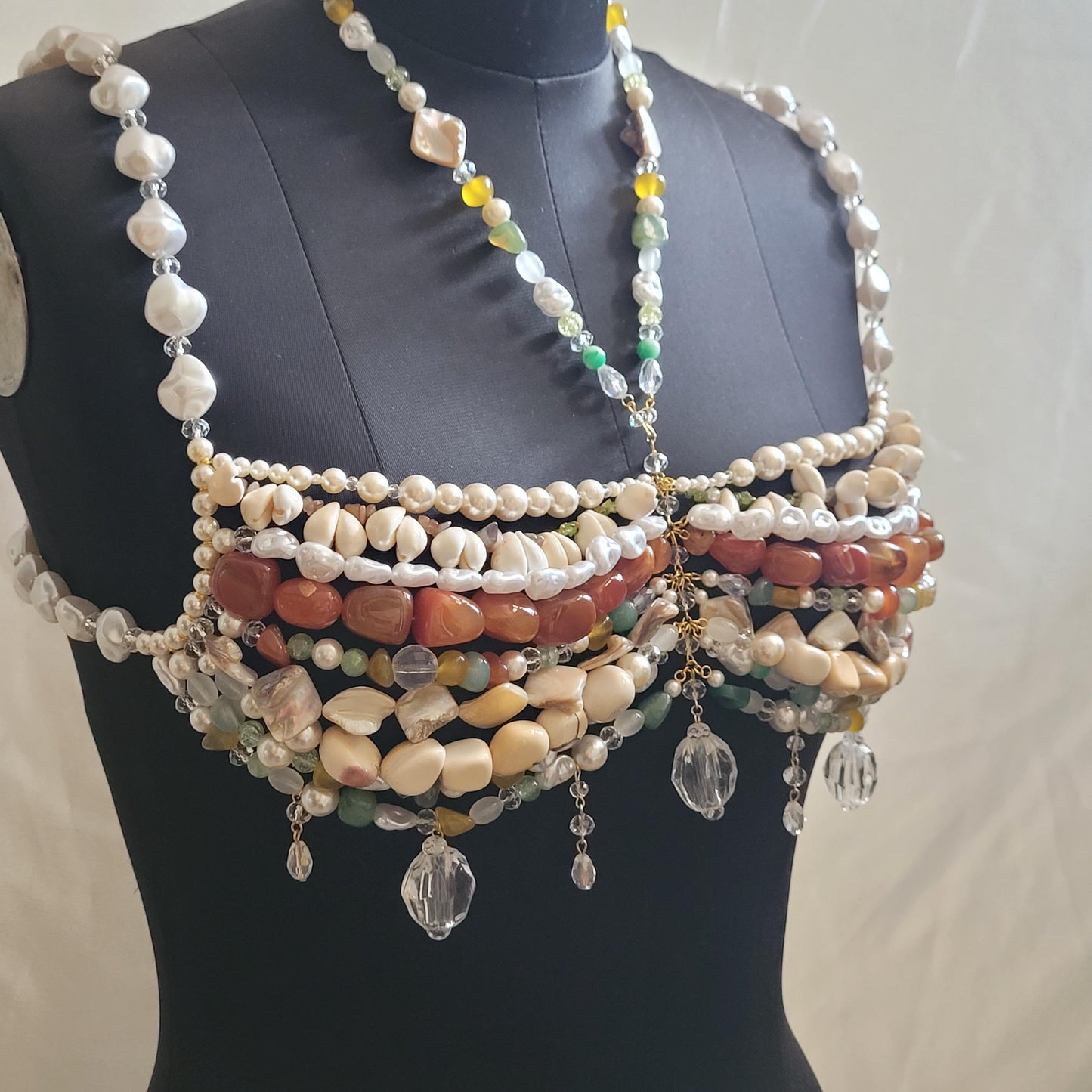 Coachella Pearl Bralette, Burning Man Body Jewelry Top, Statement Shell & Gemstone Bralette, Boho Bridal Festival Top