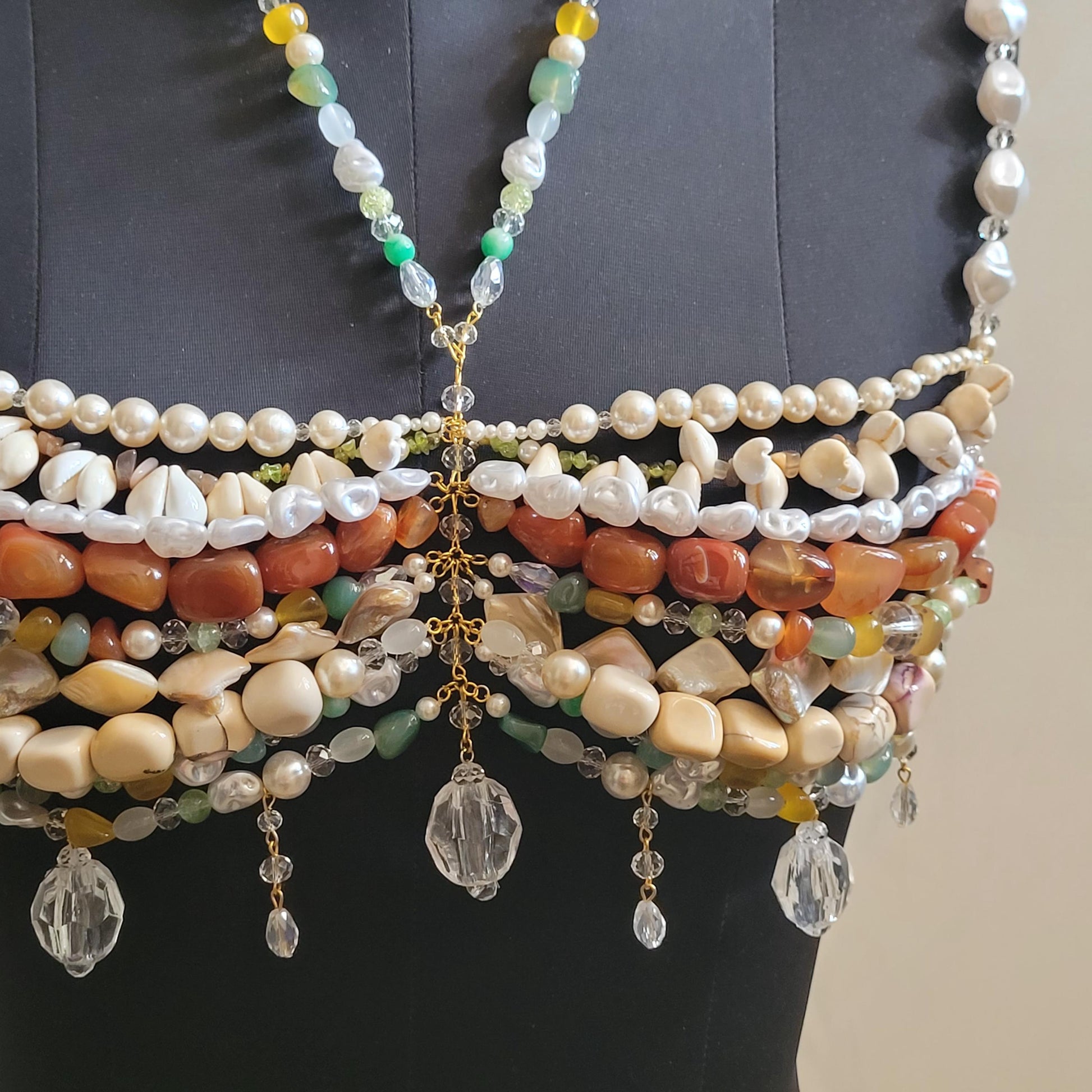 Coachella Pearl Bralette, Burning Man Body Jewelry Top, Statement Shell & Gemstone Bralette, Boho Bridal Festival Top