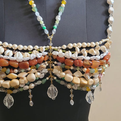 Coachella Pearl Bralette, Burning Man Body Jewelry Top, Statement Shell & Gemstone Bralette, Boho Bridal Festival Top