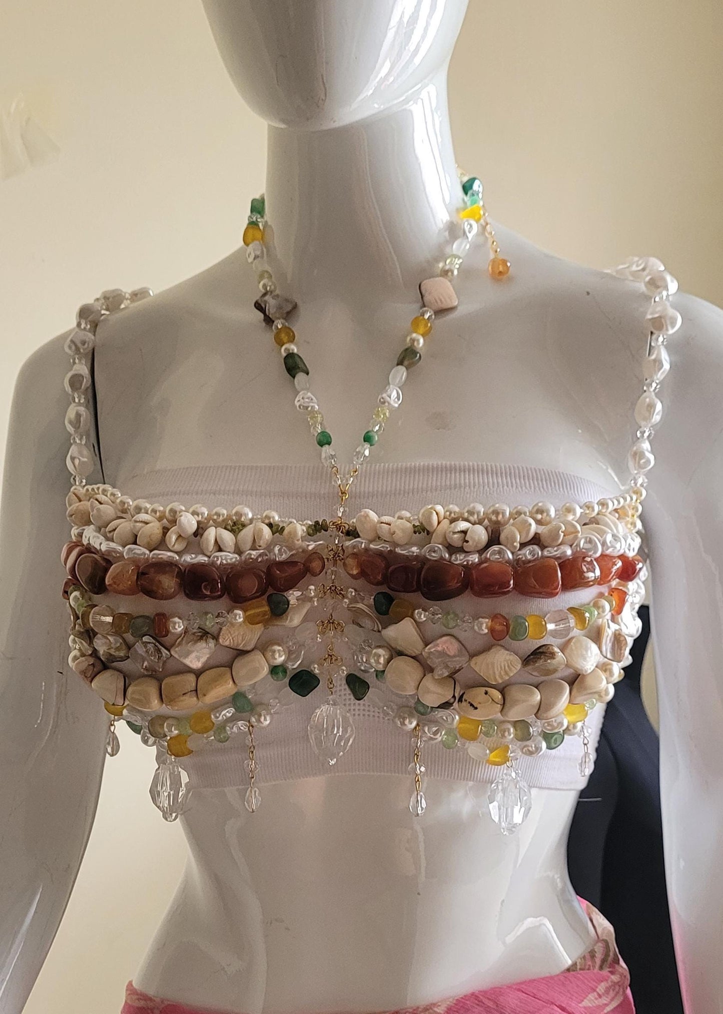 Coachella Pearl Bralette, Burning Man Body Jewelry Top, Statement Shell & Gemstone Bralette, Boho Bridal Festival Top