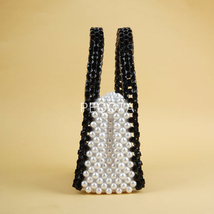 Elegant Pearl Beaded Handbag – Black and White Vintage Style Purse | Handmade Crystal Evening Bag | Formal Party Clutch for Women