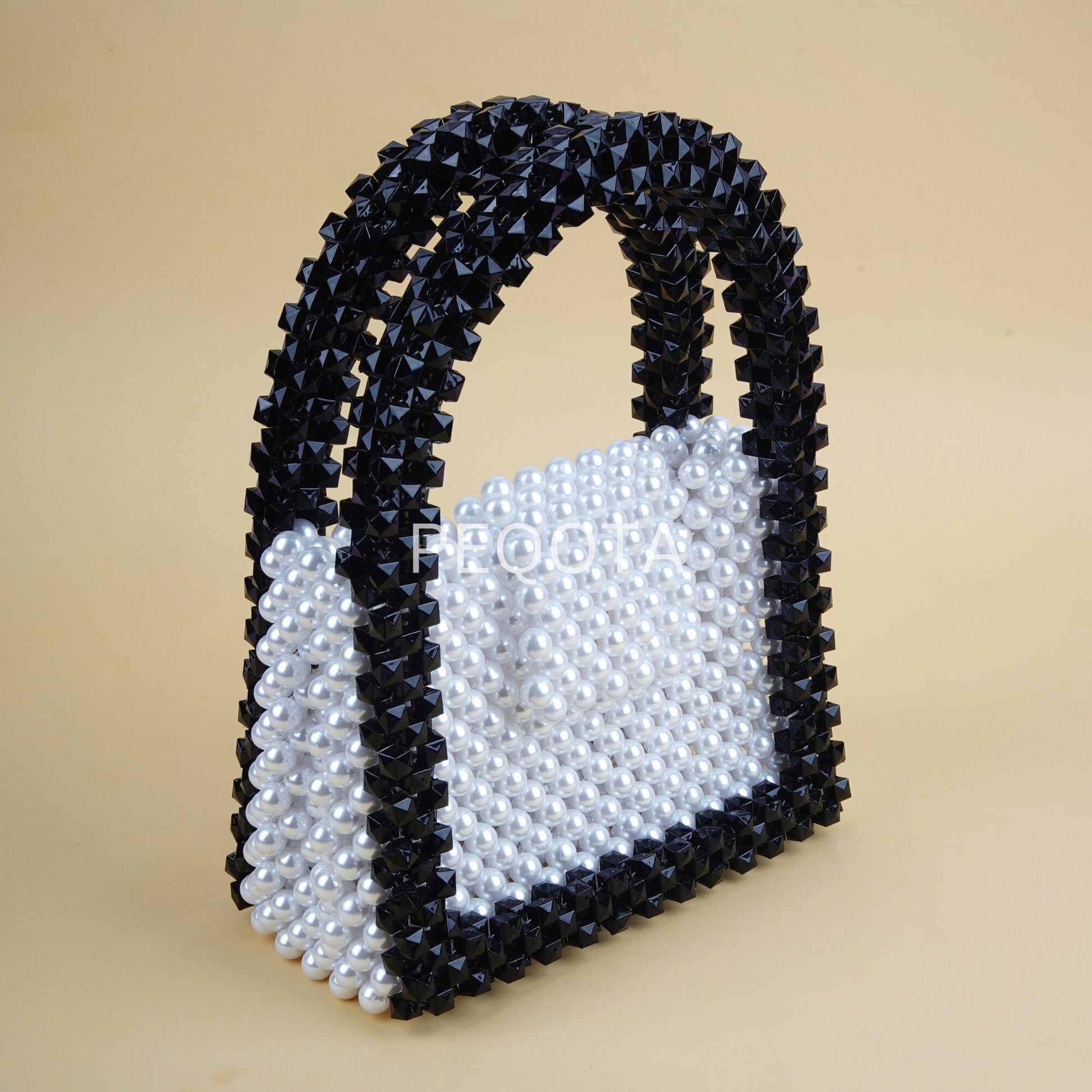 Elegant Pearl Beaded Handbag – Black and White Vintage Style Purse | Handmade Crystal Evening Bag | Formal Party Clutch for Women