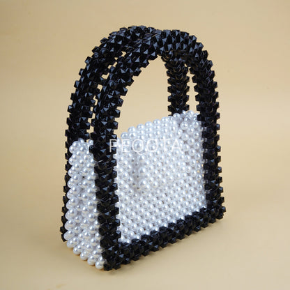 Elegant Pearl Beaded Handbag – Black and White Vintage Style Purse | Handmade Crystal Evening Bag | Formal Party Clutch for Women