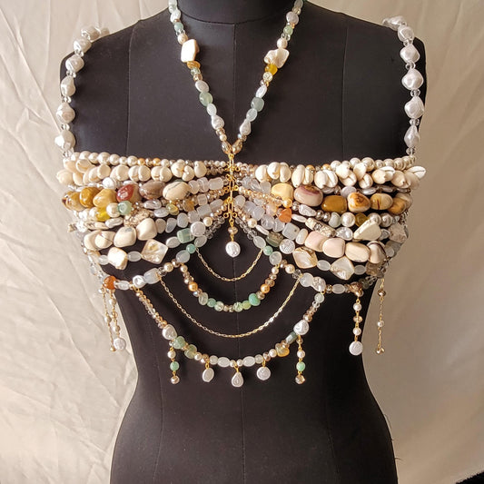 Gemstone & Pearl Bralette, Boho Bridal Top, Handmade Beaded Body Jewelry, Shell Statement Bralette, Luxury Festival Wear