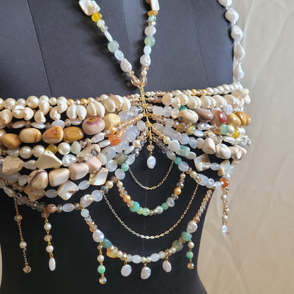 Gemstone & Pearl Bralette, Boho Bridal Top, Handmade Beaded Body Jewelry, Shell Statement Bralette, Luxury Festival Wear