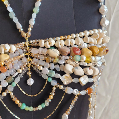 Gemstone & Pearl Bralette, Boho Bridal Top, Handmade Beaded Body Jewelry, Shell Statement Bralette, Luxury Festival Wear