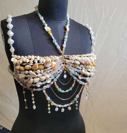 Gemstone & Pearl Bralette, Boho Bridal Top, Handmade Beaded Body Jewelry, Shell Statement Bralette, Luxury Festival Wear
