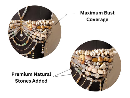 Gemstone & Pearl Bralette, Boho Bridal Top, Handmade Beaded Body Jewelry, Shell Statement Bralette, Luxury Festival Wear